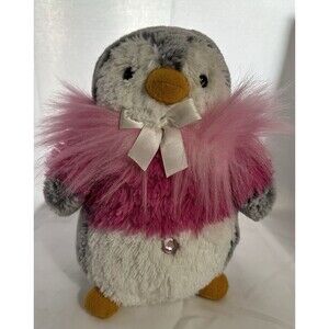 Aurora Plush Pink Pom Pom Penguin Jeweled Gem Belly Button. 9”